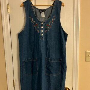 True Blue Women's Blue Denim 100% Cotton Embroidery Sleeveless Dress Sz 14-16/1X